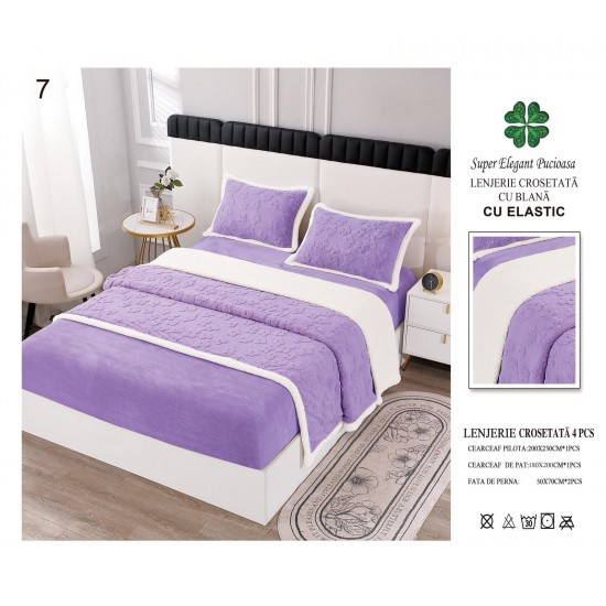 Lenjerie Pat Dublu 4 Piese Croșetată cu Blăniță – Lila, cu Elastic, LCT-007 Lenjerii Cocolino tip Tricotaj