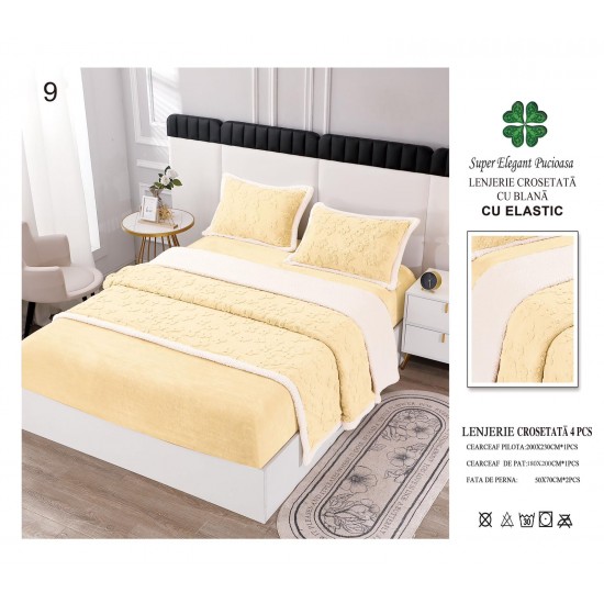 Lenjerie Pat Dublu 4 Piese Croșetată cu Blăniță – Galben pastel, cu Elastic, LCT-009 Lenjerii Cocolino tip Tricotaj