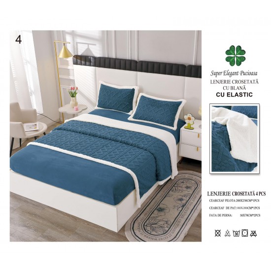 Lenjerie Pat Dublu 4 Piese Croșetată cu Blăniță – Albastru Royal, cu Elastic, LCT-010 Lenjerii Cocolino tip Tricotaj