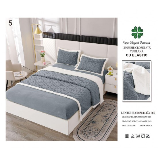 Lenjerie Pat Dublu 4 Piese Croșetată cu Blăniță – Gri, cu Elastic, LCT-011 Lenjerii Cocolino tip Tricotaj