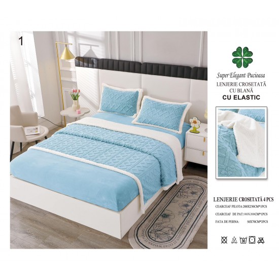 Lenjerie Pat Dublu 4 Piese Croșetată cu Blăniță – Albastru deschis, cu Elastic, LCT-013 Lenjerii Cocolino tip Tricotaj