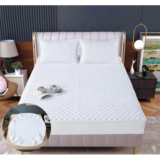 Husă Topper pentru Saltea 160x200 cm – Alb Matlasat cu Elastic + 2 Fețe de Pernă, HTC-012 Husa/Topper cu ELASTIC 160-200 cm