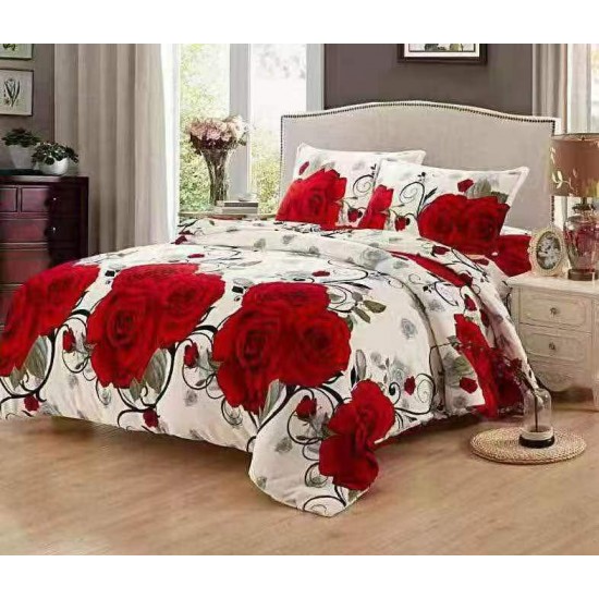 Set Lenjerie Cocolino 4 piese pat dublu cu cearșaf cu elastic – Model Flori Roșii pe Fundal Alb, LEC-124 Lenjerii Cocolino 4 piese cu ELASTIC