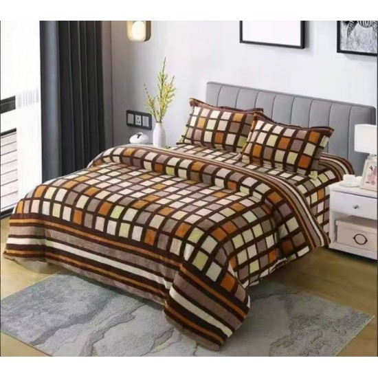 Set Lenjerie Cocolino 4 piese pat dublu cu cearșaf cu elastic – Carouri Maro și Portocaliu, LEC-126 Lenjerii Cocolino 4 piese cu ELASTIC