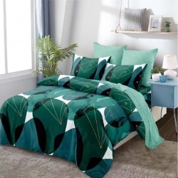Set Lenjerie Cocolino 4 piese pat dublu cu cearșaf cu elastic – Model Geometric Verde și Negru, LEC-019