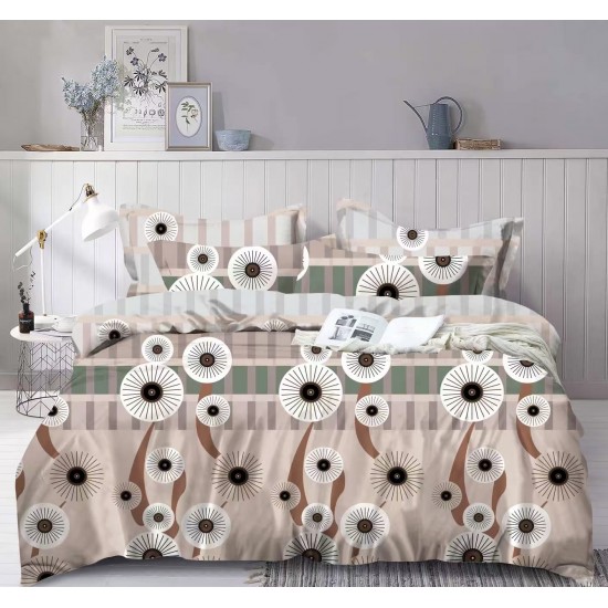 Set Lenjerie Cocolino 4 piese pat dublu cu cearșaf cu elastic – Model Geometric Floral Bej Verde, LEC-132 Lenjerii Cocolino 4 piese cu ELASTIC