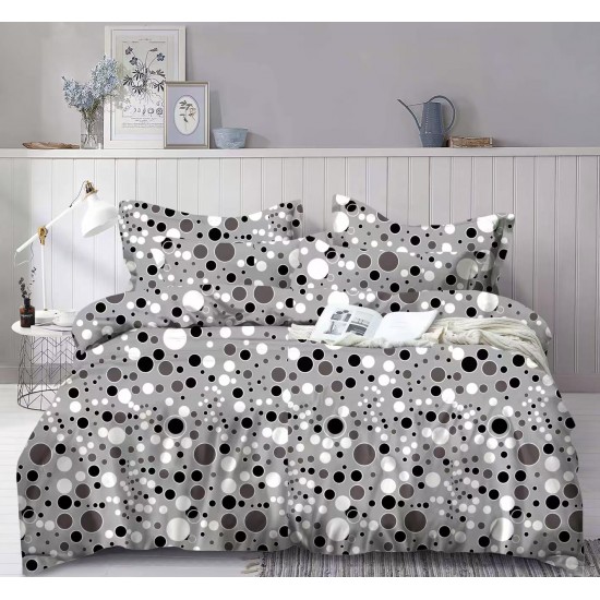 Set Lenjerie Cocolino 4 piese pat dublu cu cearșaf cu elastic – Model Buline Gri cu Alb și Negru, LEC-133 Lenjerii Cocolino 4 piese cu ELASTIC