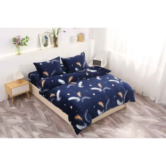 Set Lenjerie Cocolino 4 piese pat dublu cu cearșaf cu elastic – Albastru Închis cu Pene, LEC-138 Lenjerii Cocolino 4 piese cu ELASTIC