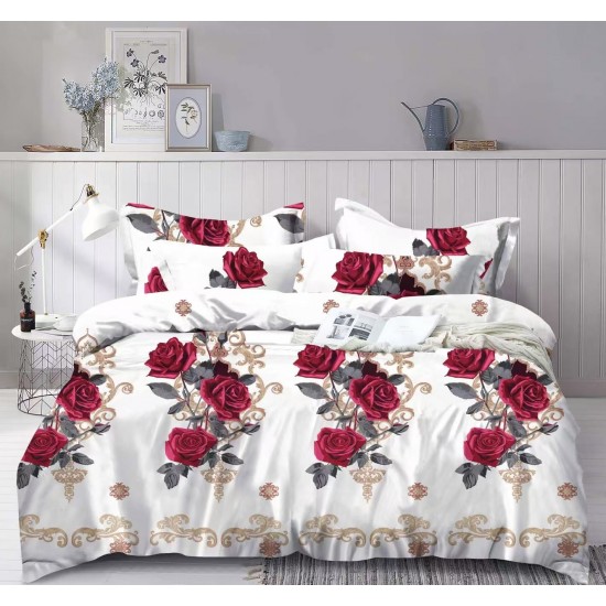 Set Lenjerie Cocolino 4 piese pat dublu cu cearșaf cu elastic – Alb cu Trandafiri Roșii și Detalii Aurii, LEC-139 Lenjerii Cocolino 4 piese cu ELASTIC