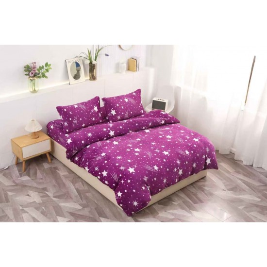 Set Lenjerie Cocolino 4 piese pat dublu cu cearșaf cu elastic – Mov cu Stele și Design Astral, LEC-140 Lenjerii Cocolino 4 piese cu ELASTIC