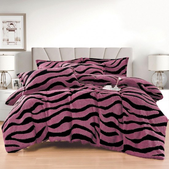 Lenjerie Cocolino 4 Piese Pat Dublu cu Cearșaf Elastic – Mov cu Dungi Negre, LCE-091 Lenjerii Blanita Iepure