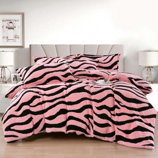 Lenjerie Cocolino 4 Piese Pat Dublu cu Cearșaf Elastic – Roz cu Dungi Negre, LCE-094 Lenjerii Blanita Iepure