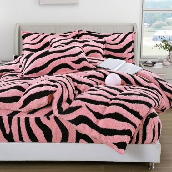 Lenjerie Cocolino 4 Piese Pat Dublu cu Cearșaf Elastic – Roz cu Dungi Negre, LCE-094 Lenjerii Blanita Iepure