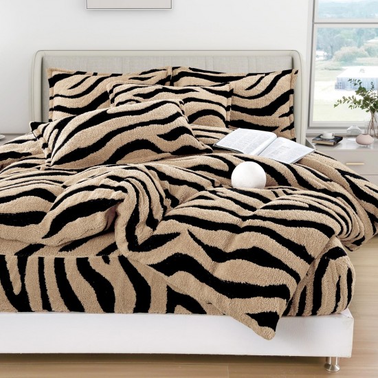 Lenjerie Cocolino 4 Piese Pat Dublu cu Cearșaf Elastic – Bej cu Dungi Negre, LCE-095 Lenjerii Blanita Iepure