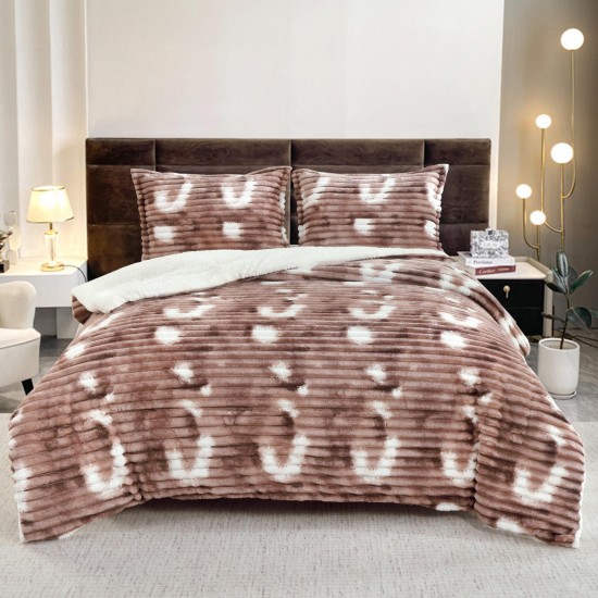 Set Pilota Cocolino 200x230 cm + 2 Fete de Pernă – Model Cappuccino cu Dungi și Accente Albe, PDC-065 Pilote Iarna cu Blana