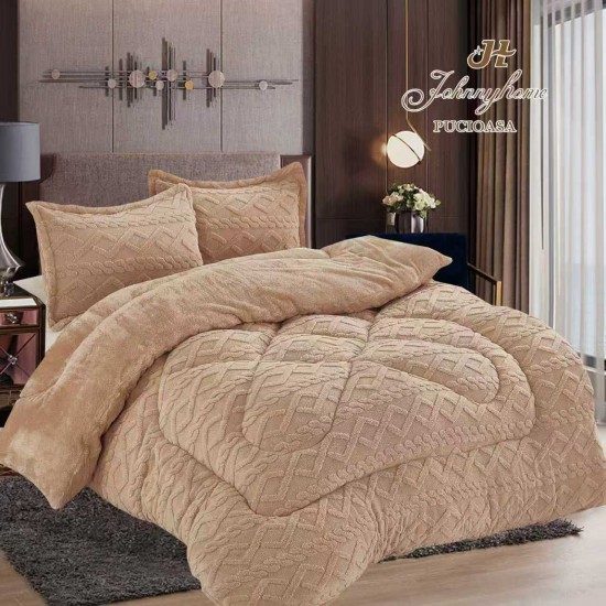 Set Pilota Cocolino 200x230 cm + 2 Fete de Pernă – Model Bej, Crosetat, PDC-074 Pilote Iarna cu Blana