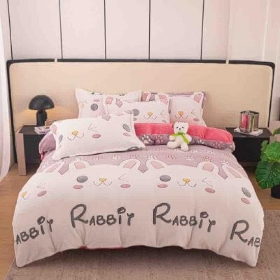 Lenjerie Cocolino 1 Persoană 4 Piese – Model Iepurași Roz Alb, LSC-012 Lenjerii Cocolino 1 Persoana