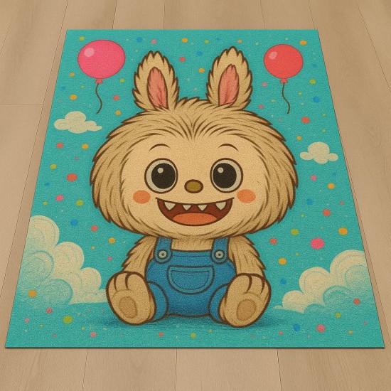 Covor Antiderapant 140x200 cm model Labubu – Design Jucăuș, Turcoaz cu baloane roz, TAM-024 3 covoare la 299 lei