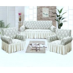 Set huse pentru canapea 3 Locuri si 2 fotolii, cu volanas, model Jacquard, Crem, HCJ-046