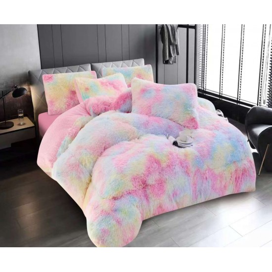 Set Pilotă Fluffy Pat Dublu 200x230 cm cu 2 Fețe de Pernă – Model Multicolor Pastel, PF-005 Pilote Fluffy