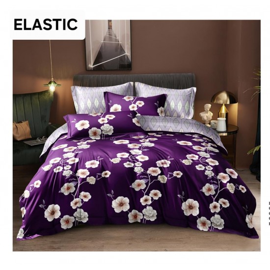 Set Lenjerie Bumbac Satinat 4 Piese Pat Dublu cu Cearșaf cu Elastic – Model Mov cu Flori Albe, LDBS-335 3 lenjerii la 199 lei