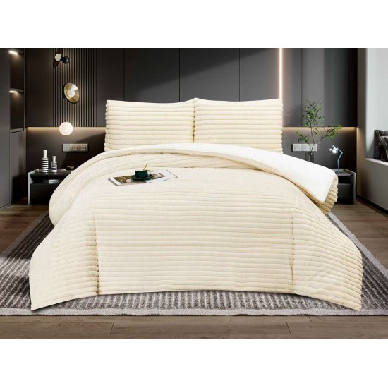 Set Pilota Cocolino 200x230 cm + 2 Fete de Pernă – Model Uni Crem Catifelat, Călduroasă și Pufoasă, PPI-003 Pilote Iarna cu Blana