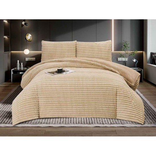 Set Pilota Cocolino 200x230 cm + 2 Fete de Pernă – Model Uni Bej deschis Catifelat, Călduroasă și Pufoasă, PDC-112 Pilote Iarna cu Blana