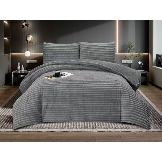 Set Pilota Cocolino 200x230 cm + 2 Fete de Pernă – Model Uni Gri inchis Catifelat, Călduroasă și Pufoasă, PDC-113 Pilote Iarna cu Blana