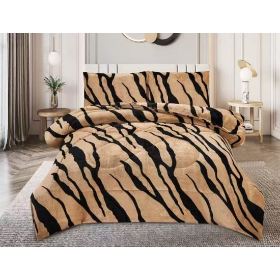Pilota cu Blăniță 200x230 cm + 2 Fețe de Pernă – Model Animal Print Bej cu Negru, PDC-051 Pilote Iarna cu Blana