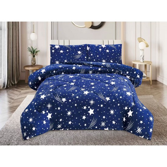 Pilota cu Blăniță 200x230 cm + 2 Fețe de Pernă – Model Albastru cu Stele, PDC-004 Pilote Iarna cu Blana