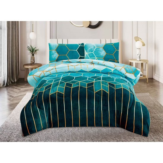 Pilota cu Blăniță 200x230 cm + 2 Fețe de Pernă – Model Geometric Turcoaz, PDC-122 Pilote Iarna cu Blana