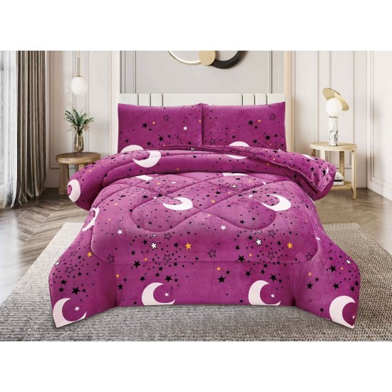 Pilota cu Blăniță 200x230 cm + 2 Fețe de Pernă – Model Lună și Stele Mov, PDC-048 Pilote Iarna cu Blana