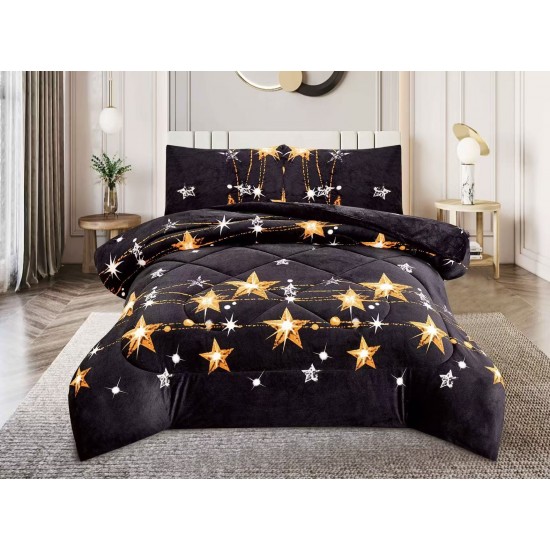 Pilota cu Blăniță 200x230 cm + 2 Fețe de Pernă – Model Stele Aurii pe Negru, PDC-111 Pilote Iarna cu Blana