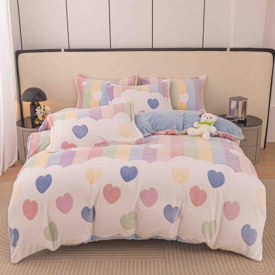 Set Lenjerie Cocolino 4 piese pat dublu cu cearșaf cu elastic, Model  Inimi Colorate Pastel, LEC-048 Lenjerii Cocolino 4 piese cu ELASTIC