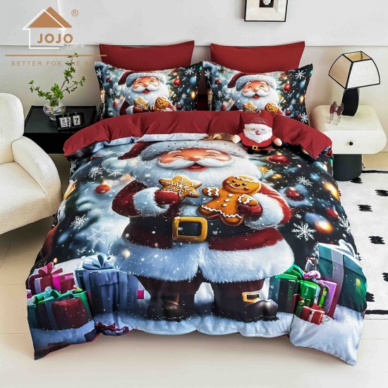 Set Lenjerie Pat Dublu Finet 6 Piese cu Cearșaf cu Elastic 5D – Model Crăciun Moș cu Cadouri , LTC-002 Lenjerii tematica Craciun