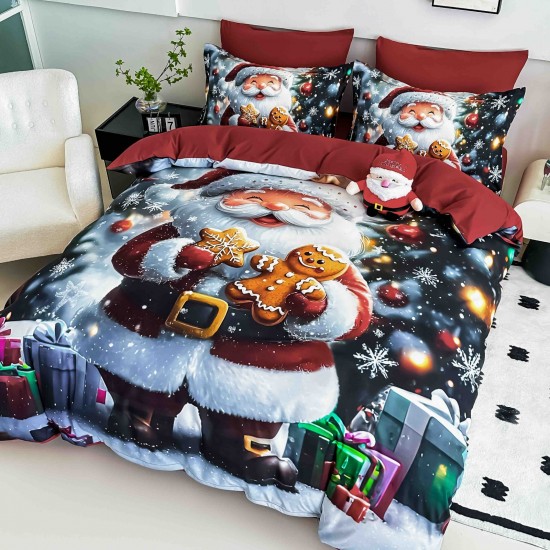 Set Lenjerie Pat Dublu Finet 6 Piese cu Cearșaf cu Elastic 5D – Model Crăciun Moș cu Cadouri , LTC-002 Lenjerii tematica Craciun