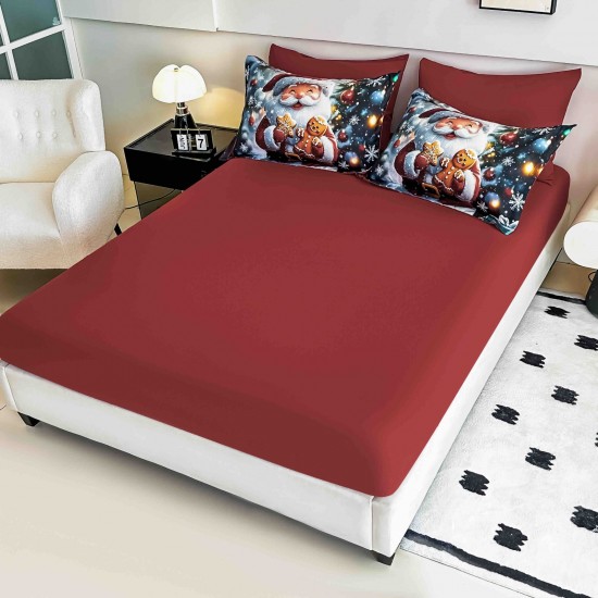 Set Lenjerie Pat Dublu Finet 6 Piese cu Cearșaf cu Elastic 5D – Model Crăciun Moș cu Cadouri , LTC-002 Lenjerii tematica Craciun