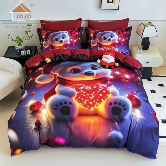 Set Lenjerie Pat Dublu Finet 6 Piese cu Elastic 5D Ursuleț cu Inimă Roșie – Model Festiv Colorat, LTC-005 Lenjerii tematica Craciun