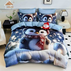Set Lenjerie Pat Dublu Finet 6 Piese cu Cearșaf cu Elastic 5D – Model Pinguin de Iarnă, Albastru, LTC-012