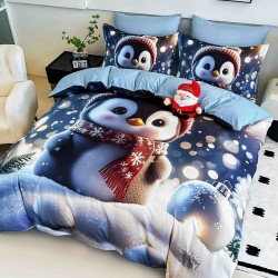 Set Lenjerie Pat Dublu Finet 6 Piese cu Cearșaf cu Elastic 5D – Model Pinguin de Iarnă, Albastru, LTC-012