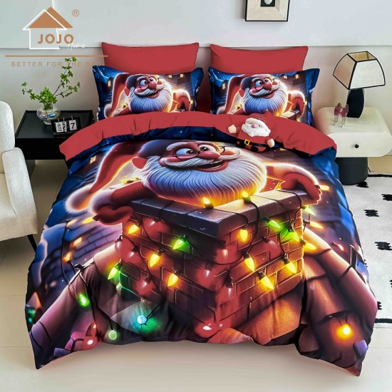 Set Lenjerie Pat Dublu Finet 6 Piese cu Cearșaf cu Elastic 5D – Model Moș Crăciun Colorat, LTC-006 Lenjerii tematica Craciun