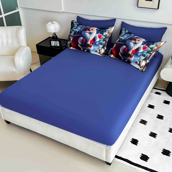 Set Lenjerie Pat Dublu Finet 6 Piese cu Cearșaf cu Elastic 5D – Model Moș Crăciun Albastru, LTC-017 Lenjerii tematica Craciun