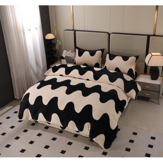 Lenjerie Pat Cocolino 4 Piese – Pat Dublu, Model Valuri Elegante Negru-Bej, LDC-150 Lenjerii Cocolino 4 piese