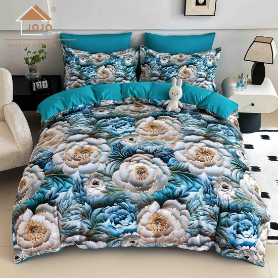 Lenjerie Pat 6 Piese 5D cu Cearșaf Elastic – Model Floral Albastru Elegant, LFL-075 Lenjerii Finet Premium Lux
