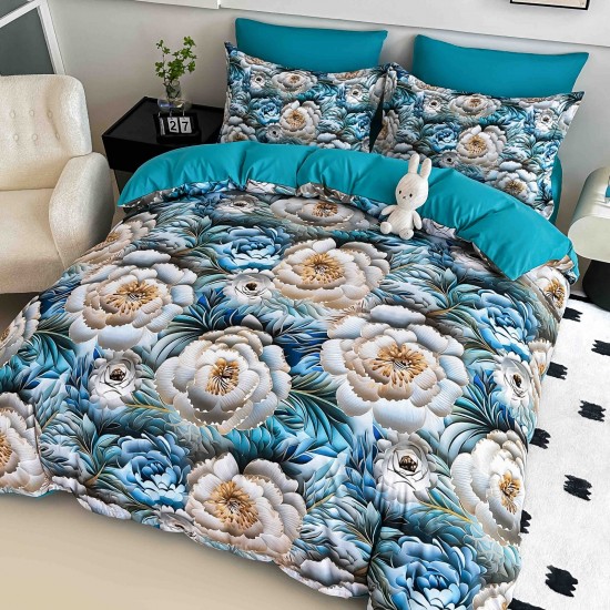 Lenjerie Pat 6 Piese 5D cu Cearșaf Elastic – Model Floral Albastru Elegant, LFL-075 Lenjerii Finet Premium Lux