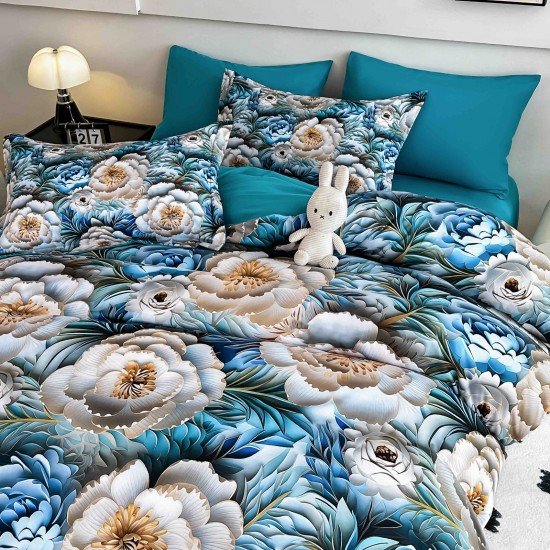 Lenjerie Pat 6 Piese 5D cu Cearșaf Elastic – Model Floral Albastru Elegant, LFL-075 Lenjerii Finet Premium Lux