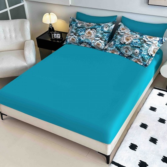 Lenjerie Pat 6 Piese 5D cu Cearșaf Elastic – Model Floral Albastru Elegant, LFL-075 Lenjerii Finet Premium Lux
