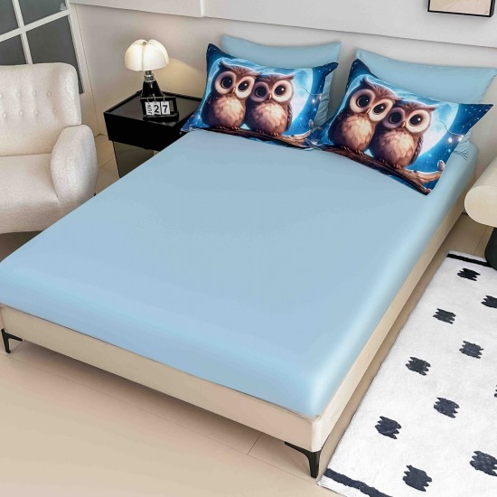 Lenjerie Pat 6 Piese 5D cu Cearșaf Elastic – Model Bufnițe pe Ramură, Fundal Albastru, LFL-078 Lenjerii Finet Premium Lux