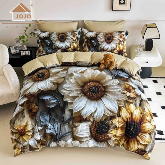 Lenjerie Pat 6 Piese 5D cu Cearșaf Elastic – Model Floral Bej cu Flori Mari, LFL-079 Lenjerii Finet Premium Lux