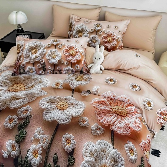 Lenjerie Pat 6 Piese 5D cu Cearșaf Elastic – Model Floral 3D Bej-Roz, LFL-081 Lenjerii Finet Premium Lux